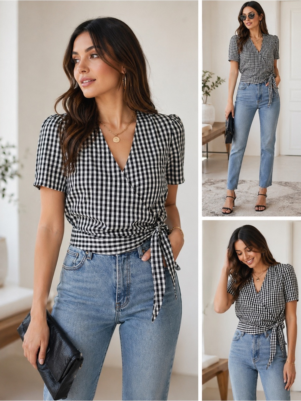 Madewell Black and White Checked Wrap Top with Side Tie Details size S